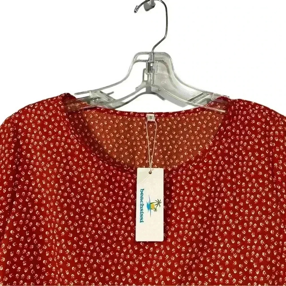 Beachsissi, Floral Print Short  Sleeve Mini Dress, Small, Red & White 🌸 - Picture 2 of 10